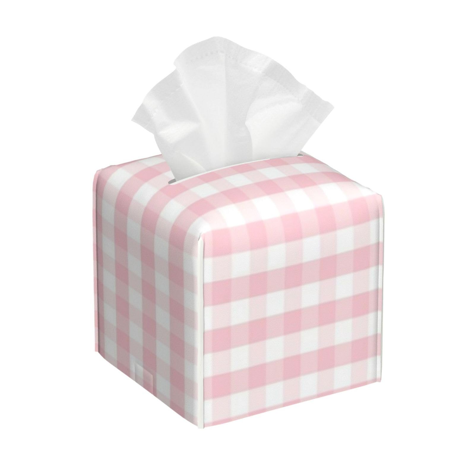 Pink Pastel Gingham Check Tissue Box Cover 5" Square Leather Tissue Holder Facial Tissue Case for Tabletop Bedroom Bathroom Desk Decor