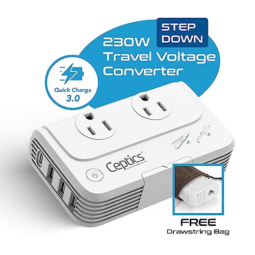 Image of Ceptics European Travel Voltage Converter, 200W Adapter for Curling Iron, Straightener, Chargers, Step Down World Power Plug - 4 USB Charging QC 3.0 - SWadApt Compatible - Type C, E /F, G Included