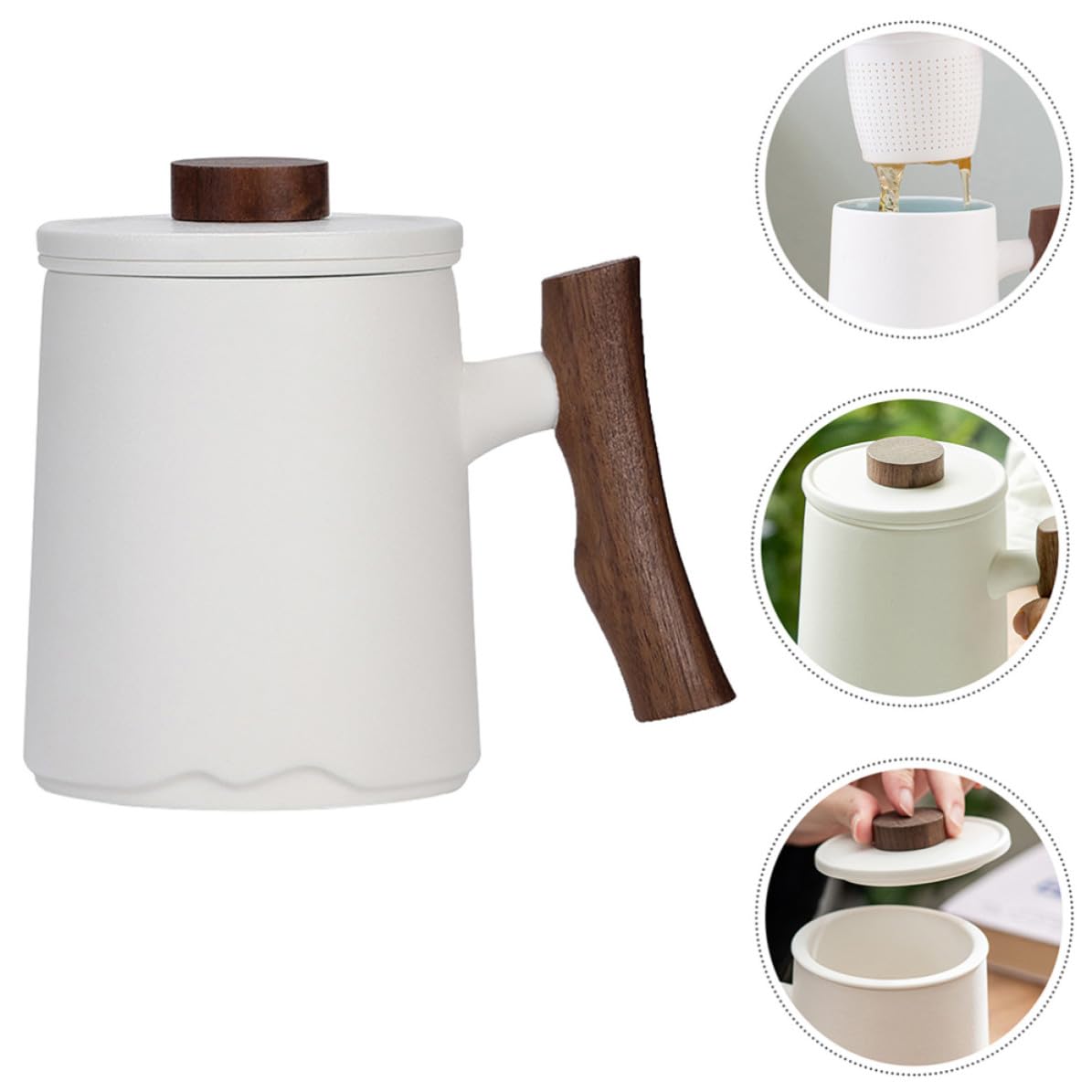 SOLUSTRE Taza de Cerámica Diseño Elegante y Minimalista y Mango de Madera de 360ml con Filtro para Infusiones para Diversas Ocasiones