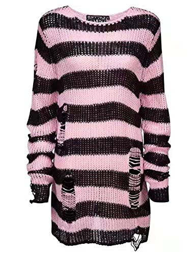 Peaceglad Womens Oversized Goth Punk Ripped Striped Long Sleeve Pullover Sweater Dress Tops(Pink,One Size)