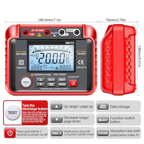Image of 250V-2500V Digital Insulation Resistance Tester 1MΩ-200GΩ Megger Megohm Testing Meter Auto Range 2000 Counts Multimeter LCD Display 10V~600V AC /DC Voltmeter with 100 Data Storage