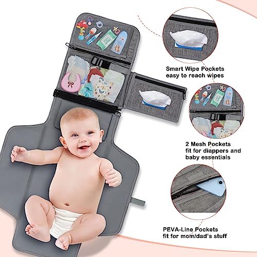 Portable Diaper Changing Pad, Newborn Diaper Changing Pad Baby Changing Pad with Smart Wipes Pocket Waterproof Travel Changing Kit for Girl Boy Baby Shower Gifts (Grey) - Image 3