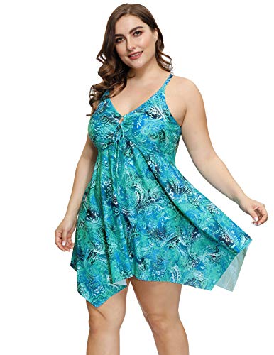 Hanna Nikole Women's Tankini Set Plus Size Swimwear Retro Printed Two Piece Swimsuits 20W Turquoise #TOP2