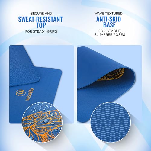 Image of WiseLife Printed Yoga Mat for Women & Men | 6mm Thick Non-Slip Exercise & Fitness Mat | Anti-Skid Workout Mat with Carry Strap for Yoga, Pilates, Meditation, Stretching & Home Gym (Blue Mandala)