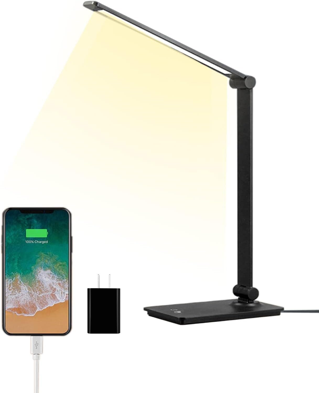 ELITUN Schreibtischlampe, LED Tischlampe mit USB Ladefunktion, 5 Farben, 3-Stufiges Dimmen, Memory-Funktion, Augenfreundliche Leselampe, Bürolampe, Schwarz, Aluminiumlegierung