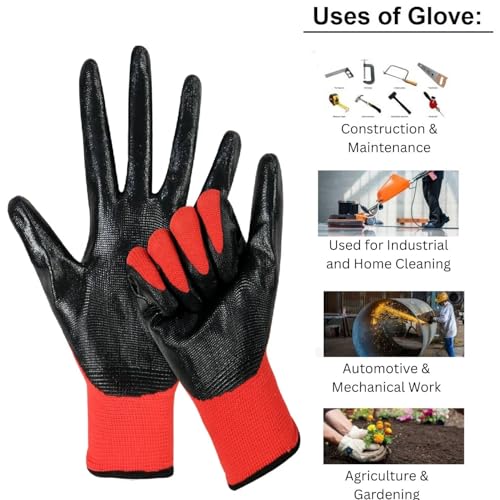 Image of Nylon Safety Work Gloves with Nitrile Coating - Industrial-Grade Protection for Cleaning, Warehouse, Mechanics, Construction - Durable, Flexible, Non-Slip Grip (Red & Black, 20 Pair)