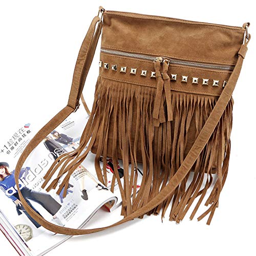 Image of Hoce Women's Leather Fringe Messenger Bag Large Hobo Crossbody Tassel Shoulder Bags, Gift for Mom Wife Girlfriend