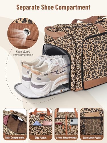 Image of Lekesky Foldable Travel Duffel Bag for Women, 80L Large Duffle Bag with Separate Shoes Compartments & Straps, Carry On Weekend Bag for Women, Hospital, Overnight(Leapord)