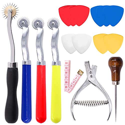 Mardatt 8Pcs Professional Leather Sewing Tools Kit with Tracing Wheels Stainless Steel Pattern Notcher Scratch Awl Tailors Chalk Soft Measuring Tape for Leather Tailor Paper Cloth Sewing