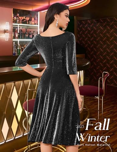 Dressystar Womens 3/4 Sleeves Bridesmaid Midi Dress Wedding Guest Formal Party Dresses Sparkly Cocktail Dress with Pocket3