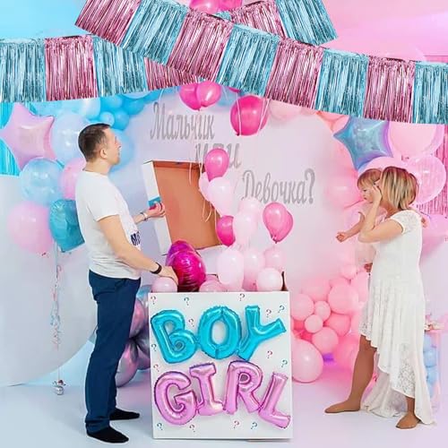 Image of BEISHIDA 3 Packs Metallic Foil Fringe Garland Pink Light Blue Wall Hanging Tinsel Fringe Banners for Car Floats Bridal Shower Wedding Birthday Graduation Holiday Party Decoration(30 Feet)