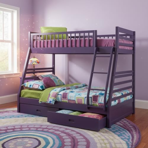 Image of APRODZ Solid Wood Elvira Dark Lilac Purple Twin Over Bunk Bed with Storage