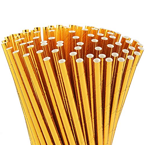 ALINK Gold Foil Paper Straws Biodegradable Disposable Drinking Straws for Birthday Wedding Bridal/Baby Shower Christmas Decorations and Party Supplies Pack of 100