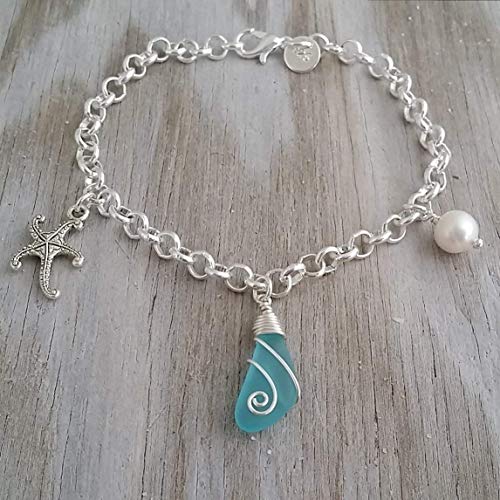 Yinahawaii Handmade Wire Wrapped Blue Sea Glass Bracelet, Starfish Charm, Natural Pearl, (Hawaii Gift Wrapped, Customizable Gift Message) #TOP5