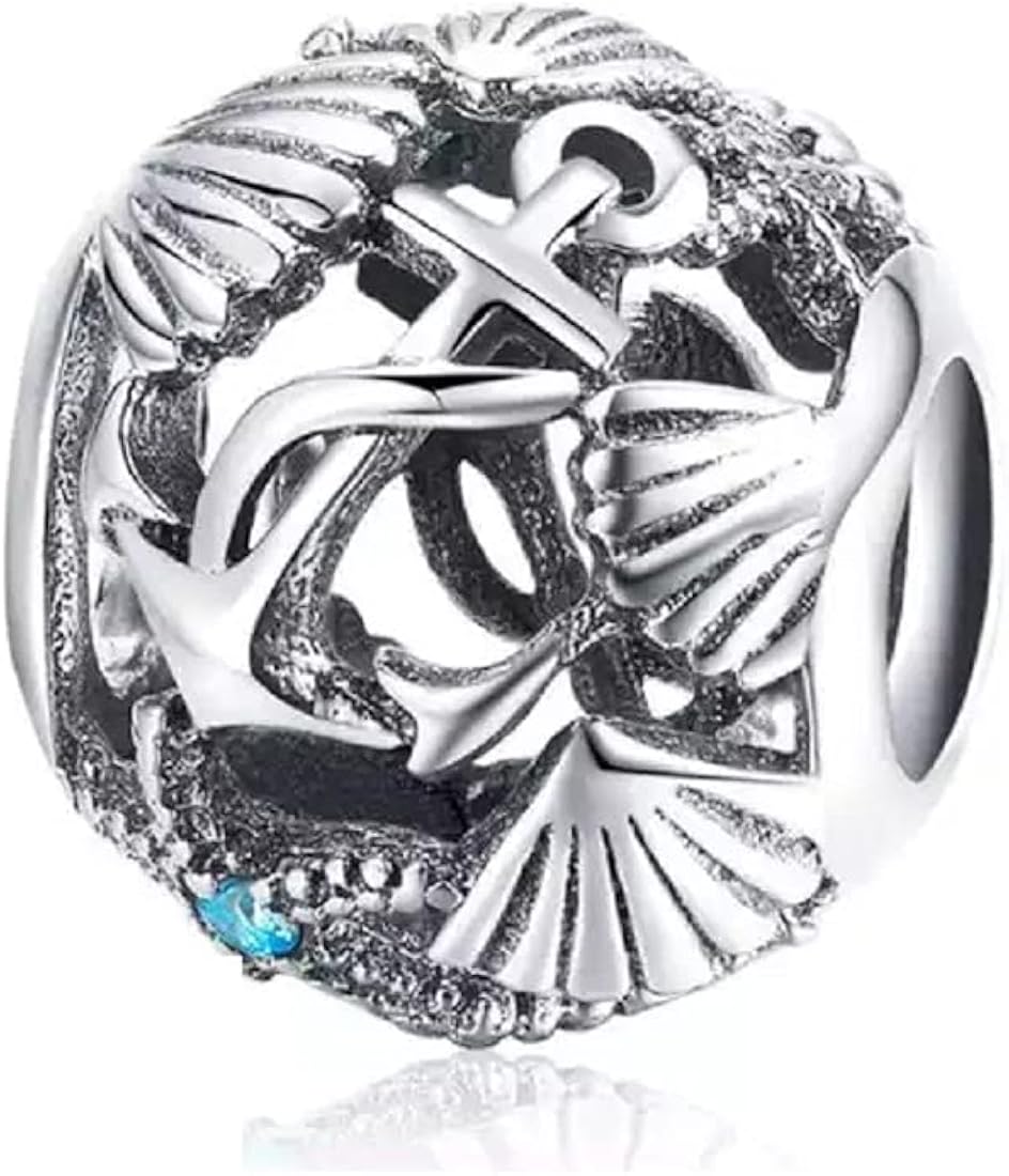 FeatherWish Sterling Silver 925 Charm Sea Life Ocean Shell Anchor Boat Ship Travel Holiday Bead For Bracelets Compatible With Pandora Bracelet (Seashell Bead)