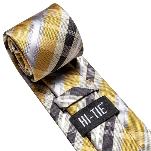 Image of Hi-Tie Mens Plaid Ties Classic Paisley Necktie with Handkerchief Cufflinks Set Business Stripe Tie