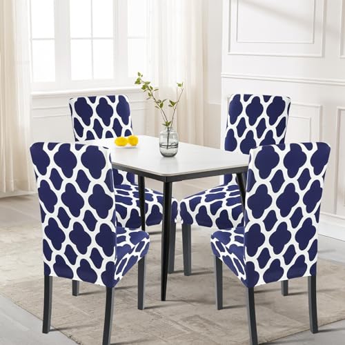 Image of SearchI Dining Room Chair Covers Set of 4, Spandex Stretch Kitchen Chair Slipcovers Removable Washable Moroccan Geometric Parsons Chair Covers Protector for Dining Room, Hotel (Navy Blue)