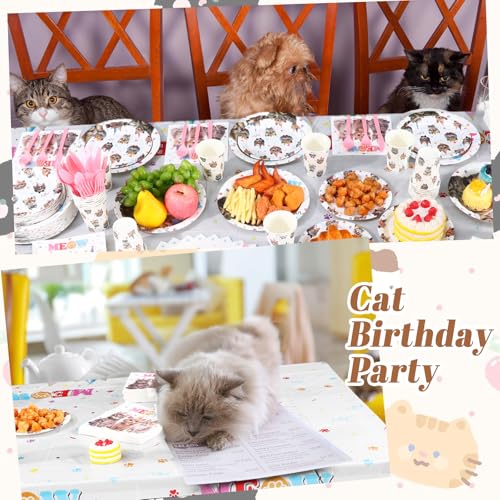 Image of Funnymoom 452 Pcs Cat Birthday Party Decorations for 50 Guests, Cat Paper Plates Napkins Cups Tablecloth Cutlery Straws Disposable Tableware Set for Kitten Lover Birthday Party Supplies