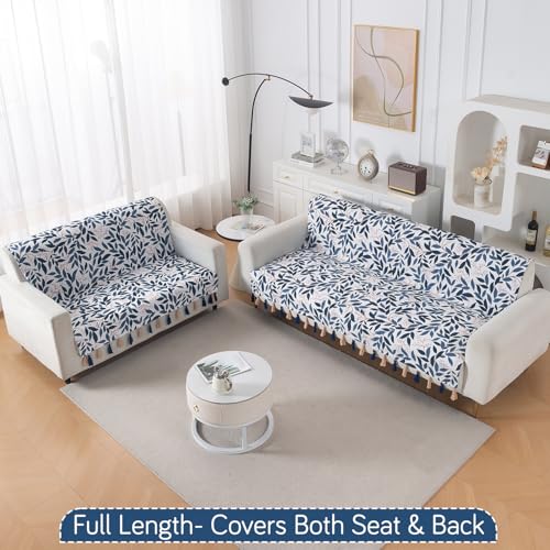 Image of HOKIPO Premium Holland Velvet Sofa Cover with Tassel 5 Seater (3+2) | Full Protection for Sofa Seat and Back | 'Whispers of Nature' | Indigo Foliage (IN-1127+1126-D10)