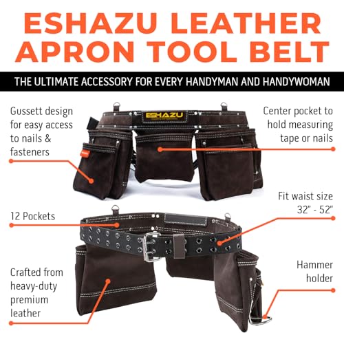 Eshazu Professional Leather Tool Belt - Carpenter Tools Belt - Tool Belt for Carpenters with 12 Pockets, Hammer Loop - Suitable for Electricians - Accommodates Waist up to 52” 2 Eshazu Professional Leather Tool Belt - Carpenter Tools Belt - Tool Belt for Carpenters with 12 Pockets, Hammer Loop - Suitable for Electricians - Accommodates Waist up to 52” - Image 2