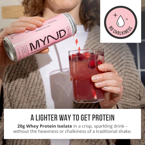 Image of MYND Sparkling Protein Water, Clear Protein Drink - 20g Whey Protein Isolate Per Can, 12 Pack - Lactose Free, Gluten Free, No Added Sugar - Ready-to-Drink Carbonated Protein - Elderberry Passionfruit