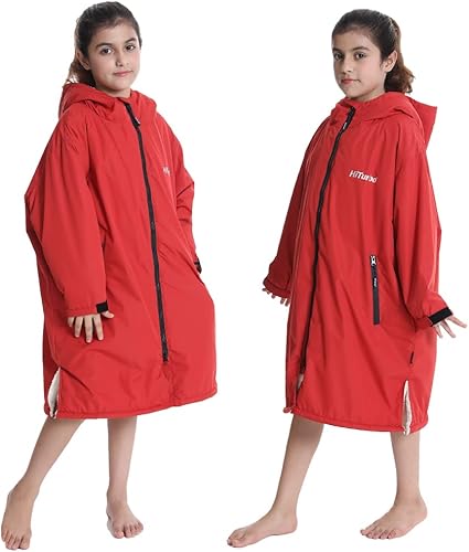 Miniatura 5 de Hiturbo Parka de natación cálida para niños bata impermeable cambiante, abrigo de natación de gran tamaño, poncho de surf con capucha, forro grueso