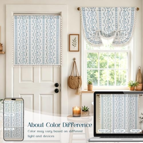 Image of Yinhua Boho Tie Up Curtains for Windows Vintage Linen Valance Light Filtering Floral Valance Rod Pocket Rustic Adjustable Tassel Window Valances for Bathroom, 42 inch W X 45 inch L, White Blue