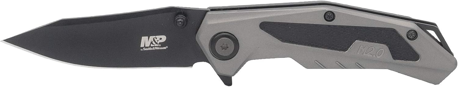 Smith & Wesson M&P M2.0 6.5in Ti-N S.S. Ultra-Glide Folding Knife with 2.75in Drop Point and Rubberized Aluminum Handle for Outdoor Survival, Camping and EDC,Grey