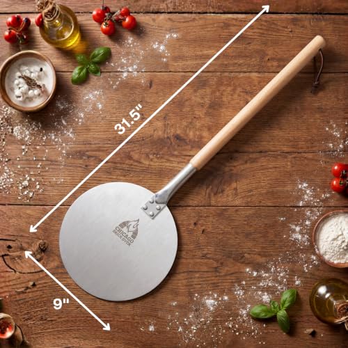 Image of Chicago Brick Oven Pizza Turning Peel, 9-Inch Aluminum Pizza Peel with 31.5-Inch Detachable Wooden Handle & Leather Strap, Pizza Turner for Outdoor Pizza Ovens, Wood Fired Pizza Oven Accessory