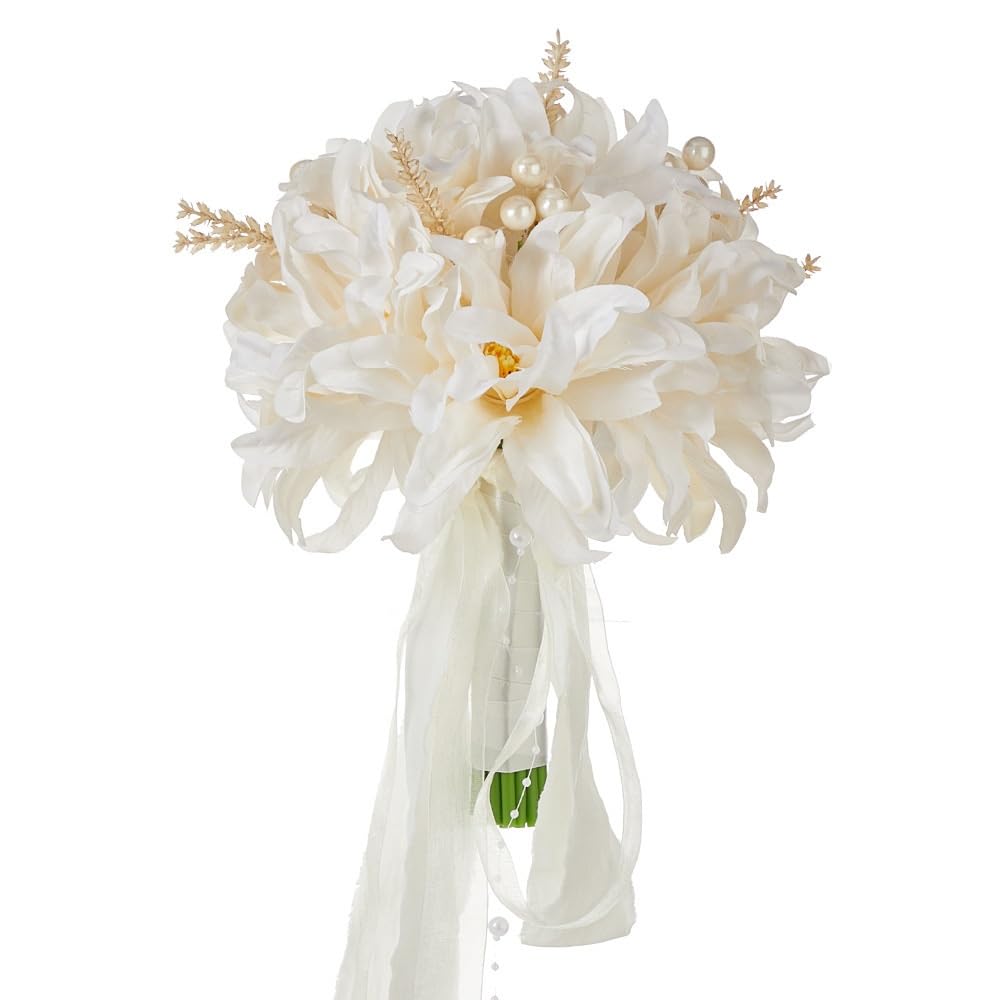 Huffa Champagne Artificial Bridal Bouquet With Ribbon - Elegant Faux Flower Arrangement For Weddings And Photoshoots