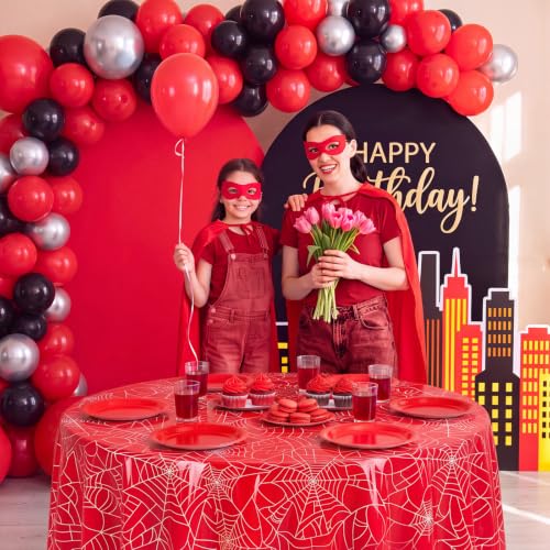 Image of Hahafelt 3 Pcs Spider Web Plastic Tablecloth 84 Inch Round Red and Blue Disposable Table Cover Spider Theme Circular Table Cloth for Birthday Party Indoor Outdoor Decorations