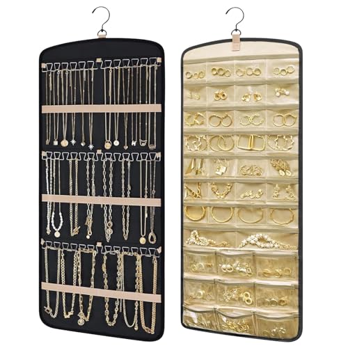 Aucuu Schmuck-Organizer zum Aufhängen, Schmuck Organizer Hängend, Schmuckaufbewahrung Doppelseitige, Schmuckhalter, Hanging jewelry storage roll...