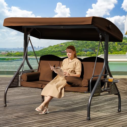 Image of 3 in 1 Outdoor Porch Swing with Adjustable Canopy, 3 Seat Outdoor Swing for Adults, Patio Swing Chair with Thickened Cushions,Pillows & Cup Holders for Backyard, Porch, Garden (Brown)