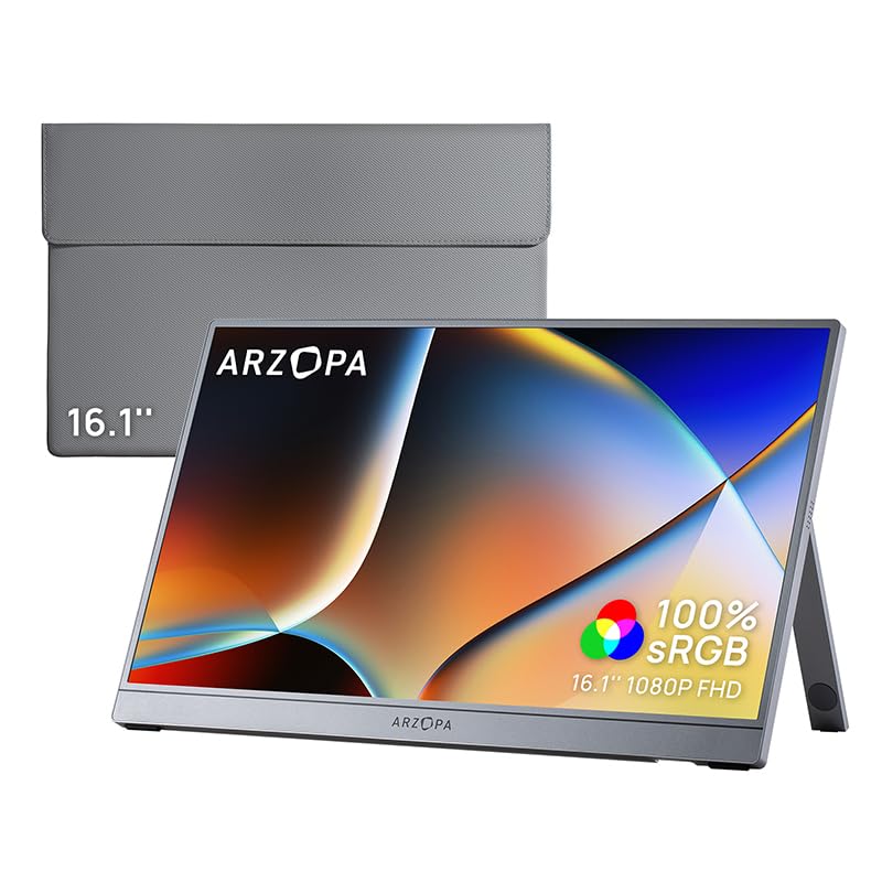 Image of ARZOPA 16.1 inch Portable Monitor Gray, 100% sRGB FHD 1080P Kickstand & PU Sleeve Bag Combination