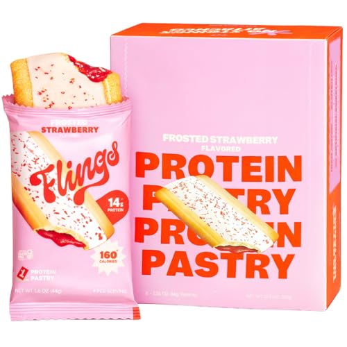 FLINGS Protein Toaster Pastries 14g Protein 4g Fiber 160 Calories Low Sugar Snack Bars Gluten Free Frosted Strawberry (8 Pack)