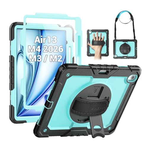 Image of SEYMAC for iPad Air 13 Inch Case M4 / M3 / M2 (2026 /2025 / 2024), Heavy Duty Shockproof Protective Case with Screen Protector, 360 Rotating Stand, Hand /Shoulder Strap and Pen Holder, Light Blue