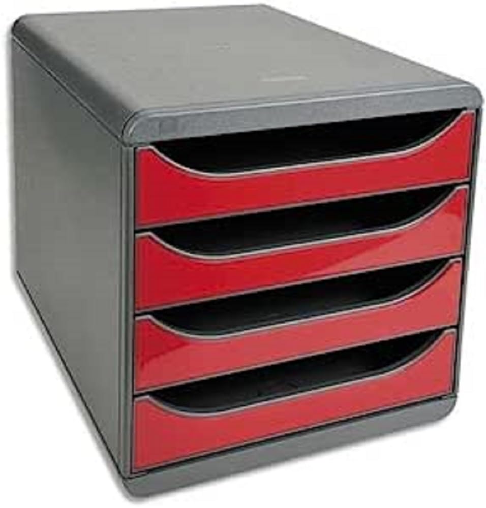 Exacompta 310718D - Módulo individual para documentos A4 + con 4 cajones, ultra-rígido y con stop de seguridad - 347x278x267 mm - BIG-BOX - Negro/rojo carmín (opaco)