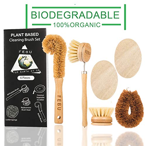 FEBU Zero Waste Bamboo Dish Brush Set | 6 Piece Vegetable Scrubber