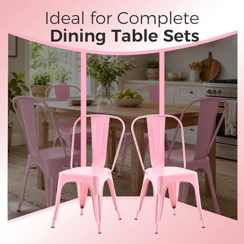Image of Metal Dining Chairs with Backrest, Stackable, Pink, 4 Pack | Easy Assembly, Non-Slip Feet, 330 lb Capacity, Kitchen, Restaurant, Cafe, Pub, Covered Patio