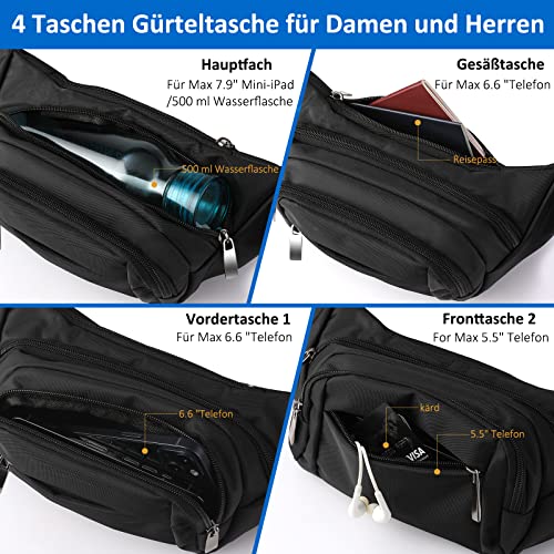 4 Taschen Bauchtasche Damen mit 35 cm verlängertem Gürtel Gürteltasche Herren Große Kapazität wasserdichte Hüfttasche Schwarz für iPad mini & iPhone 12 pro max- Bauchtasche für Sport