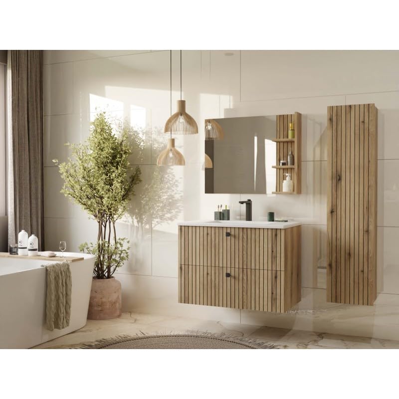 Meuble sous-lavabo suspendu CDF avec 2 tiroirs, meubles de salle de bain avec façades à lamelles et poignées – Rangement pour accessoires de bain, cosmétiques, serviettes – Design moderne Tigo 802S