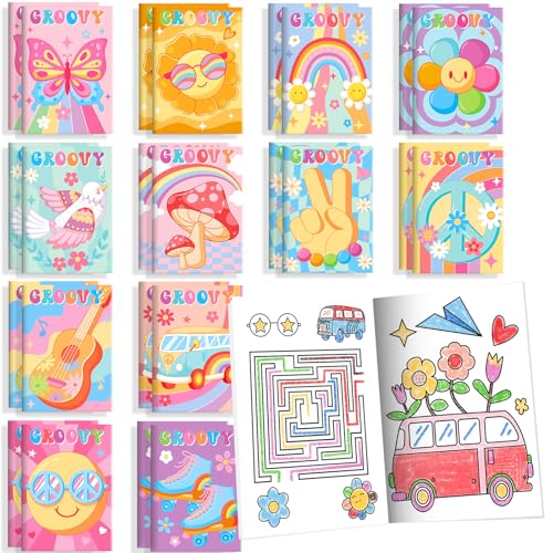 BenLouis 24 Pcs Hippie Boho Mini Coloring Books Kids Retro Daisy Party Favors Small Activity Books Bulk for Kids Two Groovy Goodie Bags Stuffers Return Gifts Classroom Travel
