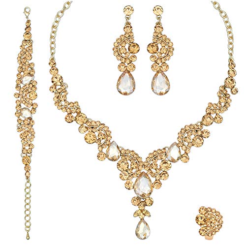 CSY Elegant Crystal Necklace Earrings Bracelet Ring Bridal Wedding Party Costume Jewelry Sets for Brides Women