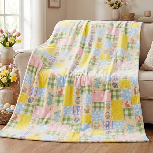 Horaldaily Easter Flannel Blanket Throw Colorful Easter Eggs Bunny Rabbits Flowers Soft Fuzzy Plush Cozy Fleece Blankets for Couch Sofa Bed Lounging Ideal Gifts for Kids Adults Self 50x60