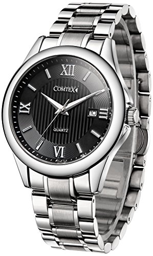 COMTEX 腕時計 ローマ字 カレンダー ステンレス アナログ おしゃれ 防水 時計 メタルバンド ブラック メンズ