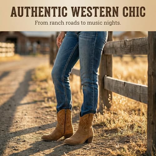 Image of Cowboy Boots for Women Short Shaft Side Zip Embroidered | Almond toe block heel western style for country concert outfits for women cowgirl outfits for women and casual wear