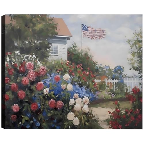 Image of Framed American Flag Cottage Rose Garden Wall Art, Patriotic Floral Canvas Art Pictures, USA Flag Wall Decor for Living Room Bedroom Bathroom, Ready to Hang Made in USA