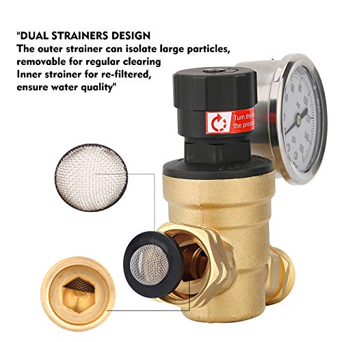 Solimeta Handle Adjustable Lead-Free Brass RV Pressure Regulator, Pressure Reducer with Liquid Filled Pressure Gauge 160psi and Inlet Screened Filter for Camper, Trailer, RV, Garden, Plumbing System - Thumbnail 5