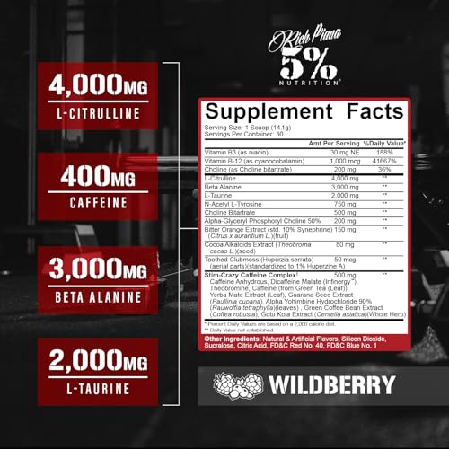 Image of 5% Nutrition Rich Piana 5150 High Stim Pre-Workout Powder | Extreme Energy, Focus, Pumps & Endurance | 400 mg Caffeine, Citrulline, Beta Alanine, N-Acetyl L-Tyrosine | 30 Srvgs (Wildberry) | Extreme Energy, Focus, Pumps, Endurance | 400mg Caffeine, Citrulline, Beta Alanine, N-Acetyl L-Tyrosine, Alpha GPC, Huperzine