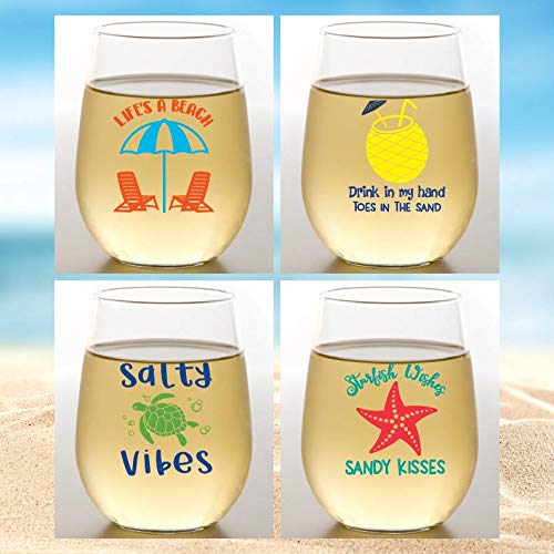 Set of 4 Shatterproof Designer 16 oz Plastic Wine Glasses MADE in the USA (LIFE'S A BEACH)